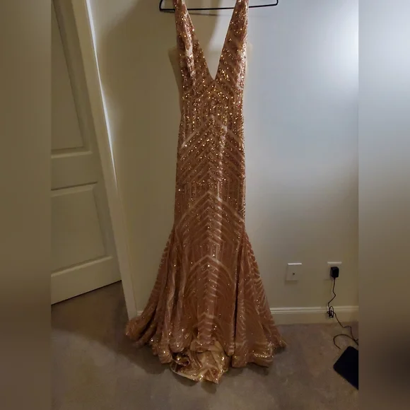 Jovani | Dresses | Jovani Elegant Gold Sequin Gown With Train | Poshmark